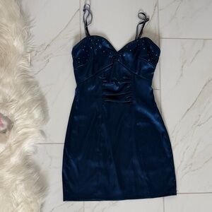 Guess Navy Satin Spaghetti Strap Dress with Embellished Bust